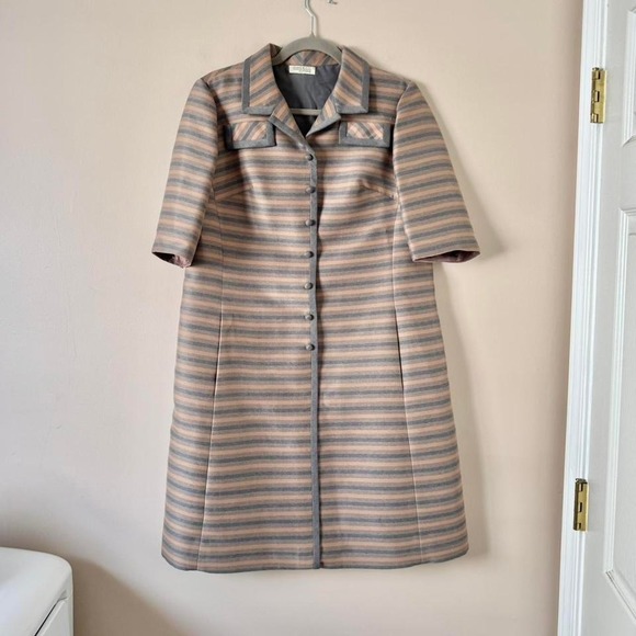 American Vintage Dresses & Skirts - Vintage 50/60s Striped Dress Gray Tan Union Mod Button